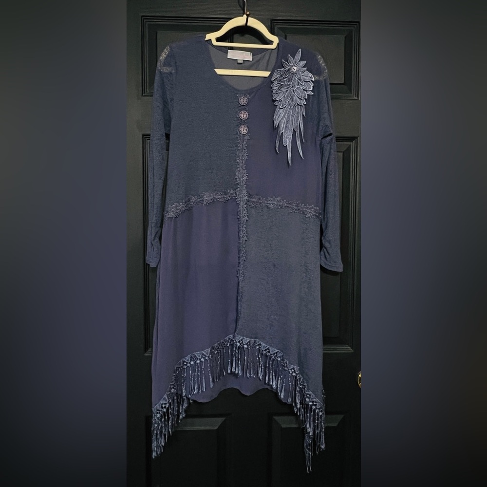 Pretty Angel Navy Patchwork Fringe Dress with Floral Applique